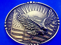 USA American Eagle Soaring Over Flag Sunrise Sunshine Patriotic Belt Buckle