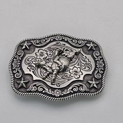 Nocona Western Belt Buckle Bull Rider Rope Edge Rectangular Silver Tone Stars