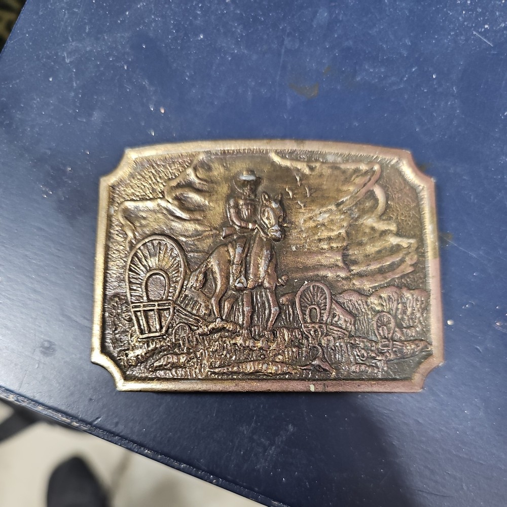 Vintage Western Belt Buckle-Pioneers, Wagon Train, Cowboy and his Horse!