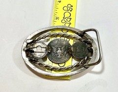 Pewter? Coin Belt Buckle – Made with 2 Jefferson Nickels & 1 Kennedy Half Dollar