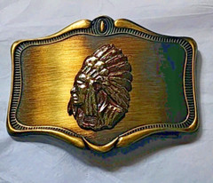 Vintage 70s Native American Brass Belt Buckle 3 & 3/4 inch