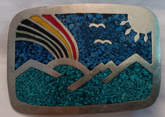 Vintage Belt Buckle Inlaid Silver 1960 1970s Rainbow over Mountains w/ Birds Sun
