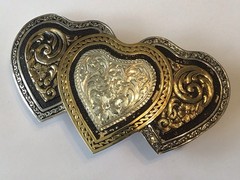 MADE IN OKLAHOMA QUALITY BUCKLE SILVER PLATED TRIPLE HEART SCROLL DESIGN BUCKLE