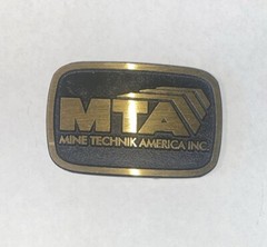Vintage MTA Mine Technik America INC Brass Belt Buckle Mining Decals Stickers #1