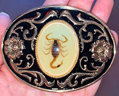 Western Oval UV Scorpion Engraved Floral Metal Belt Buckle Gold Toned & Black