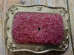 Rectangular Red Pink Bead Covered Belt Buckle Center Hole For Craft Or Project
