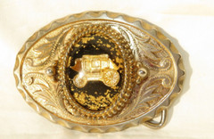 Belt Buckle Western Style Gold Tone Oval Stage Coach Gold Flake Inlaid Vintage