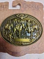 Detailed deer hunting, hunter on horse back metal belt Buckle, New!