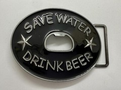 SAVE WATER DRINK BEER Novelty Black Enameled Belt Buckle with Bottle Opener