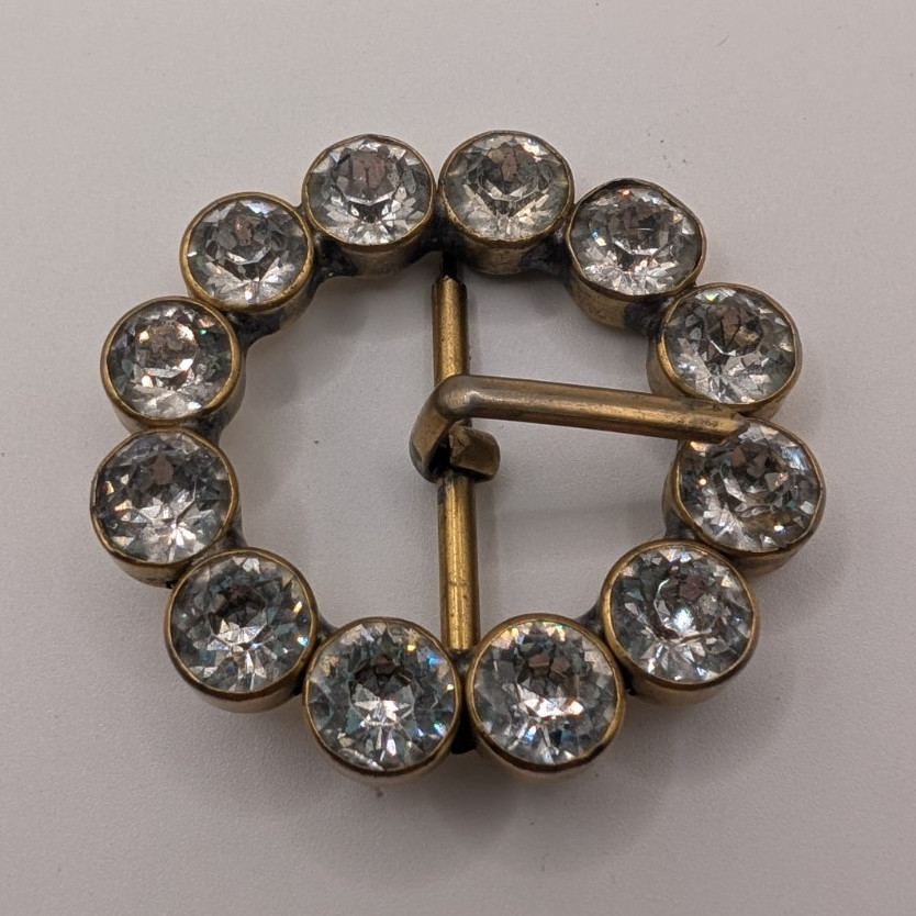 1930&rsquo;s Rhinestone Buckle Round Brass Paste Crystal Czech Style Dress Sash