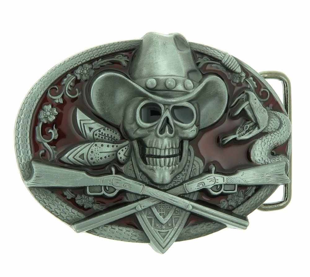 Cowboy Skull with Rifles Western Red Enamel Belt Buckle