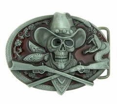Cowboy Skull with Rifles Western Red Enamel Belt Buckle