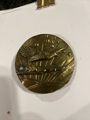 Vintage Belt Buckle BRASS American Eagle Flying in Sky 2.5&Prime; Round