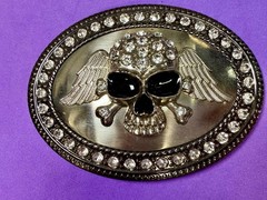 Skull Wings Crossbones with Clear Rhinestone Halloween Gothic LARGE Belt Buckle