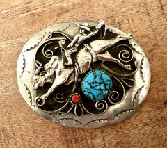 Handmade Bull Rider Turquoise Coral Rodeo Horse and Cowboy Men’s Belt Buckle