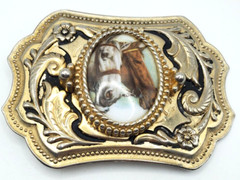 Vintage Two Horse Head Cameo Belt Buckle Equestrian Racing