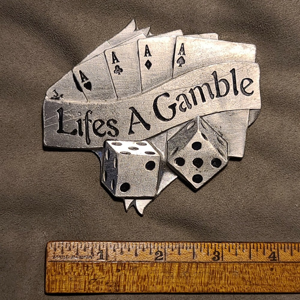 Poker Hand Lifes A Gamble Belt Buckle Aces Dice Cards Metal Mobtown 2002
