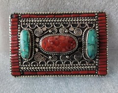 Sterling Silver waist trap Leather Buckle belt Clasp Turquoise Coral B36