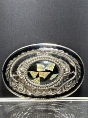 Ladies Western Oval Silver Tone Belt Buckle Black Inlay With Abalone