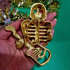 Skeleton Playing Guitar Belt Buckle Rhinestone Studded Gold Tone 4.5x 3.5 inches