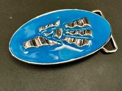 Made In Mexico Eagle Badge Emblem Blue & Silver Color Wide Oval Belt Buckle