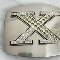 Rhinestone Studded X Letter Initial Monogram Silver Tone Belt Buckle