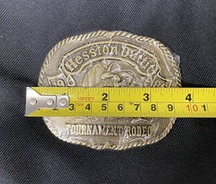 Hesston Belt Buckle 1986 3 3/4” Adult Size Brass Tournament Rodeo *New & Sealed*