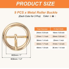 9Pcs 1&Prime; Single Prong Belt Buckle Metal Roller Buckle Black/Silver/Light Gold
