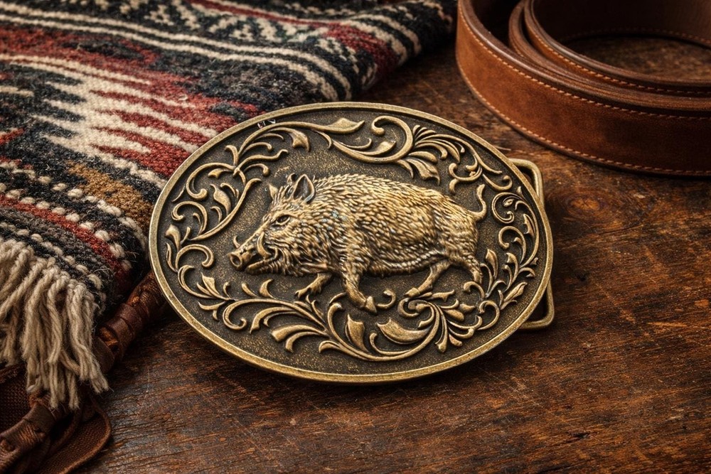 Bronze Wild Hog Belt Buckle Western Style Wild Boar Hunting Pig Solid Metal