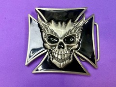 Devil Skull Maltese Cross Enamel Gothic Punk Pewter A-9 Siskiyou Belt Buckle