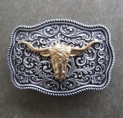 Western Flower Pattern Longhorn Bull Metal Belt Buckle