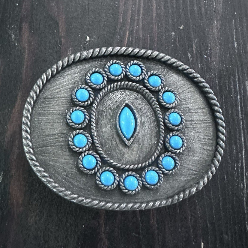 Western Oval Silver-Tone Belt Buckle Blue Stone Inlay Rope Edge 1.5in
