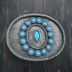 Western Oval Silver-Tone Belt Buckle Blue Stone Inlay Rope Edge 1.5in