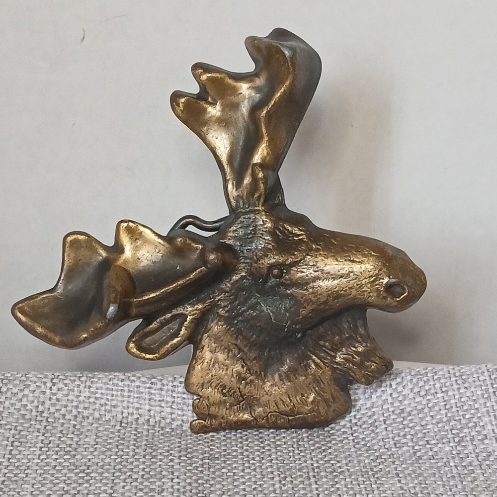 Vintage 1970s MBCI Brass Moose Elk Head Belt Buckle 3 1/2&Prime; Wide