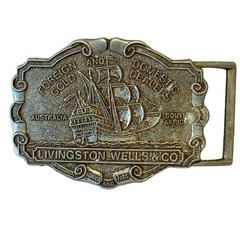 Pewter Livingston Wells & Co Gold Dealers Belt Buckle Circa 1970s