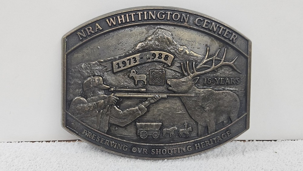 NRA Whittington Center Belt Buckle Mens Silver 1973-1988 Elk Deer Hunter USA