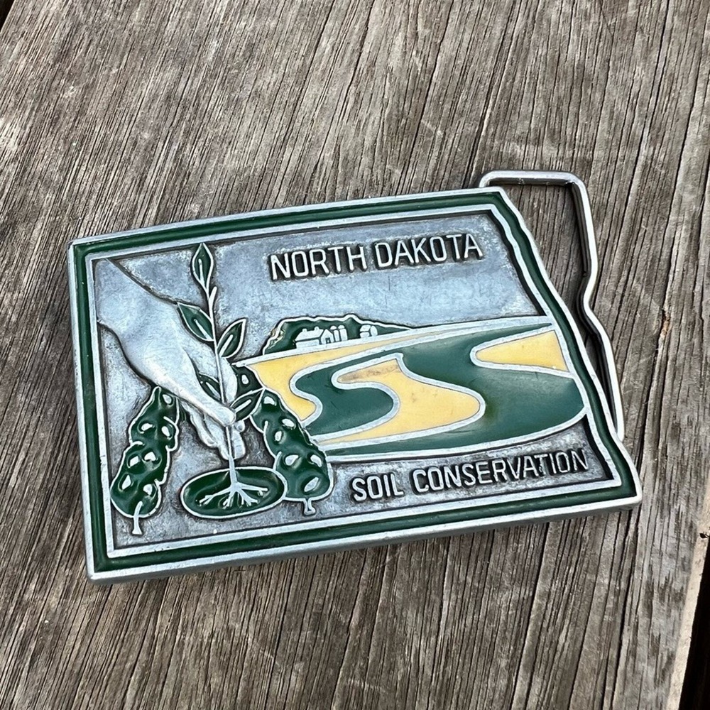 Vintage North Dakota Soil Conservation Belt Buckle Silver Green Yellow
