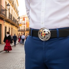 Men Women Silver Metal Belt Buckle Round Spinning Arrows Spain Flag Circle Shape