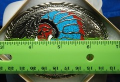 Vintage c 1988 Native American War Bonnet Belt Buckle | Inlaid Turquoise & Coral