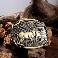 Buck Deer American Flag Belt Buckle USA Hunter Antique Bronze Tone 1.5&Prime; Belts