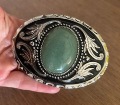 Sage Green Stone Belt Buckle Engraved Silver Western Cowboy Cowgirl Rodeo Style