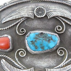 Al Joe Navajo Sterling Silver Turquoise Coral Belt Buckle Signed Artisan 76g