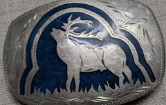 vintage ELK belt buckle HANDCRAFTED german silver WESTERN inlay ENGRAVED cowboy