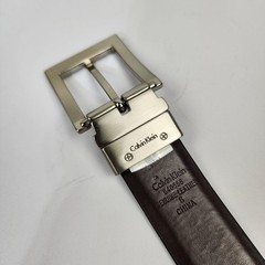 Calvin Klein Black Leather Belt Small 31&Prime; Glossy Silver Buckle #640556 EUC