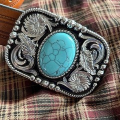 Silver Floral Western Belt Buckle Teal Stone Agate Cowboy Snap On 1.5in Strap
