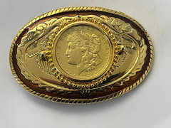 Gold Color Oval Western REAL 1921 Morgan Silver Dollar Belt Buckle
