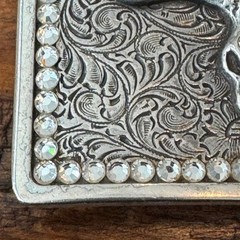 Western Longhorn Skull Belt Buckle Silver Engraved Floral Rhinestone Accents