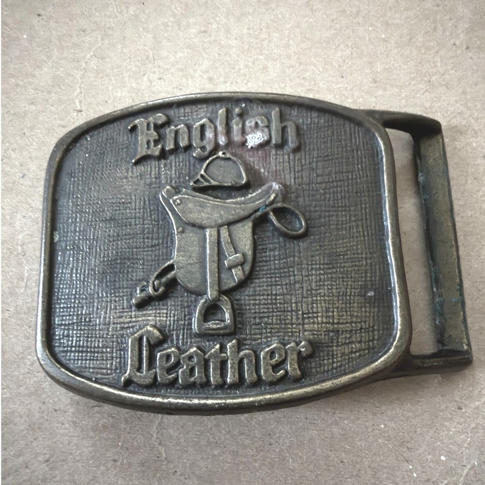 Vintage English Leather Cologne Brass Belt Buckle Equestrian Saddle Helmet Men