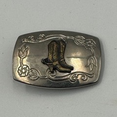 Vintage Western Cowboy Boots Belt Buckle Silver Brass Tone Floral Made in USA