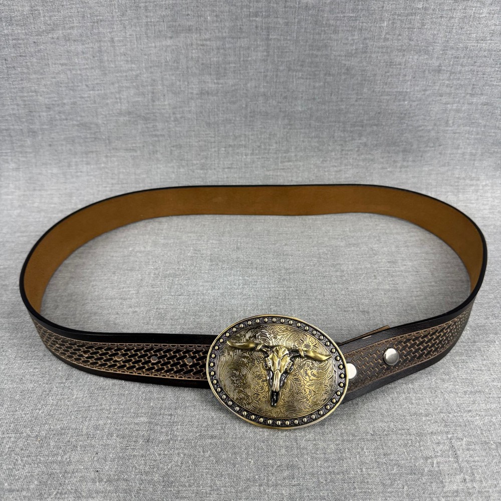 Bison Denim Brown Leather Belt 110cm 43 in Ornate Longhorn Buckle Western